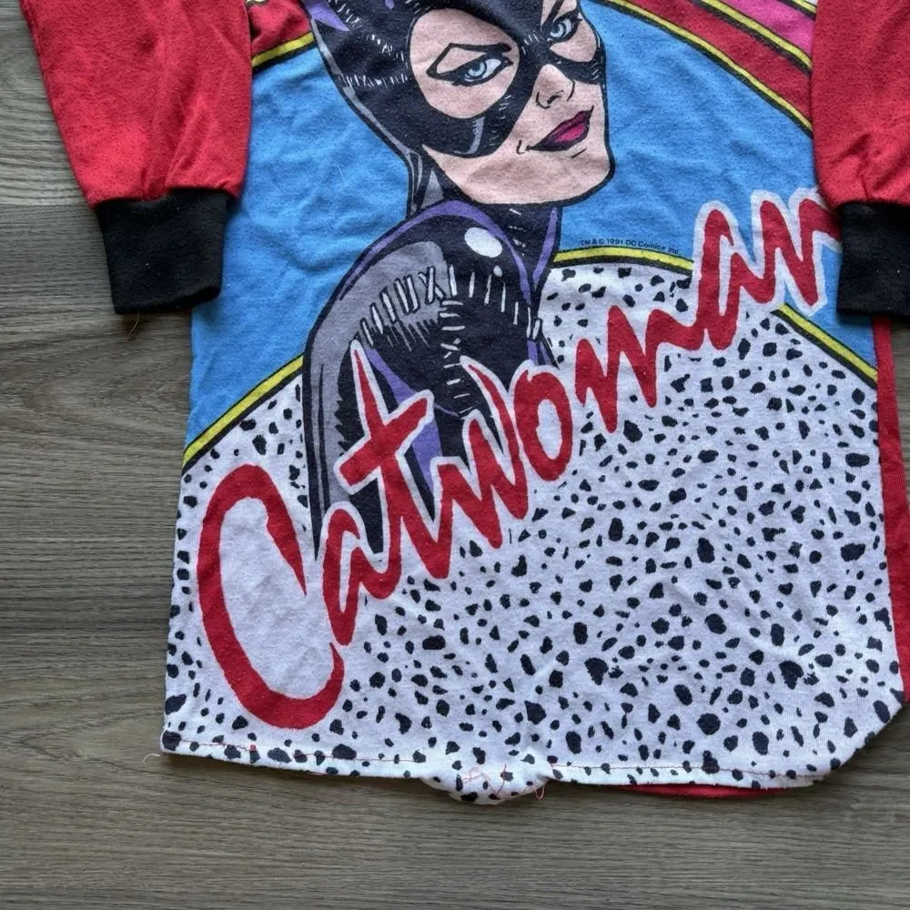 Vintage 90s Catwoman Pajama Dress Shirt Youth Girls Size Small AOP DC Comics USA